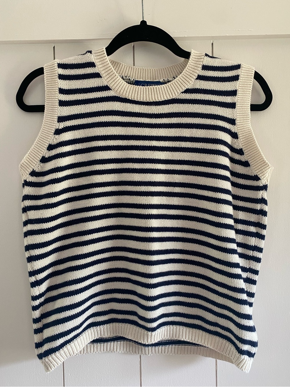 J. Crew Navy and White Knit Striped Sleeveless Sweater